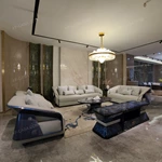 Light Beige Leather Sofa Set with Dark Blue High-Gloss Accents & Stainless Steel Trim